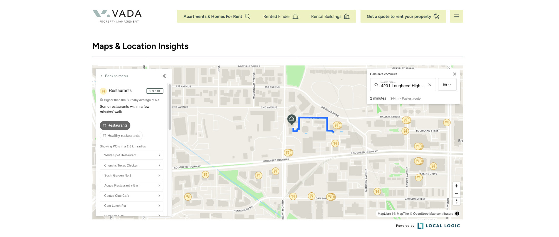 Local Logic: Local Content’s commute calculator on a VADA® rental listing