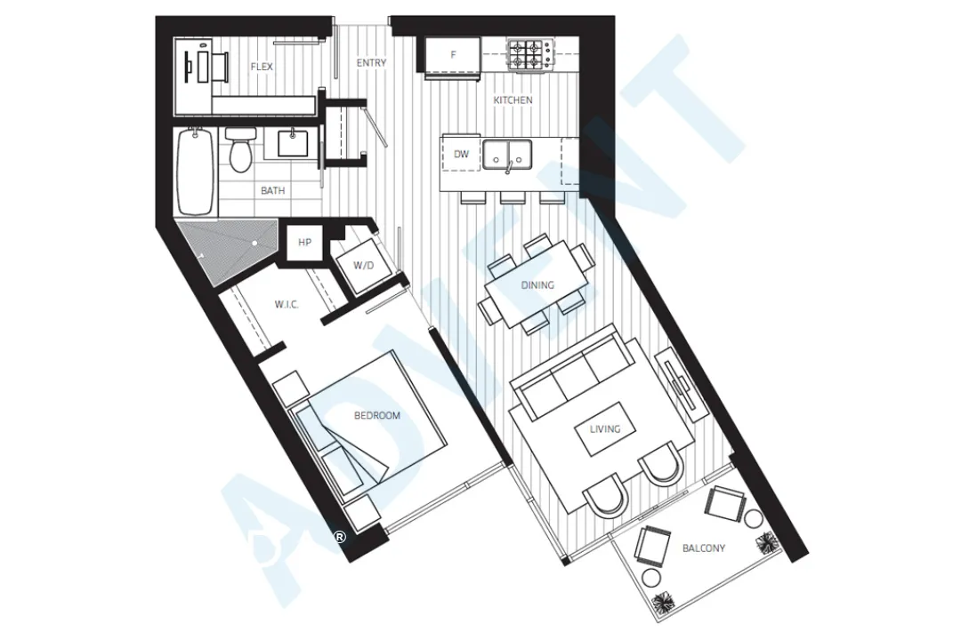 Central in Southeast False Creek - 1 Bedroom Apartment For Rent in Vancouver at 1719 - 1618 Quebec Street, Vancouver, BC - Floor Plan