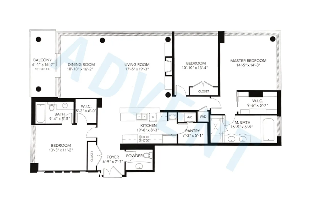 Kings Landing in Yaletown - 3 Bedroom Apartment For Rent in Vancouver at 603 - 426 Beach Crescent, Vancouver, BC - Floor Plan
